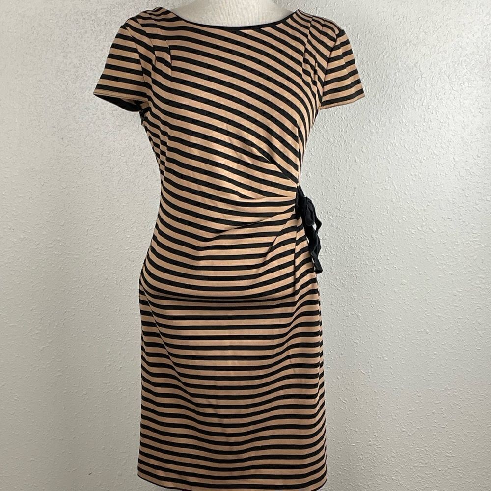 Pre-Loved Spense Womens Black and Brown/Tan Stripped Midi Dress Size 4